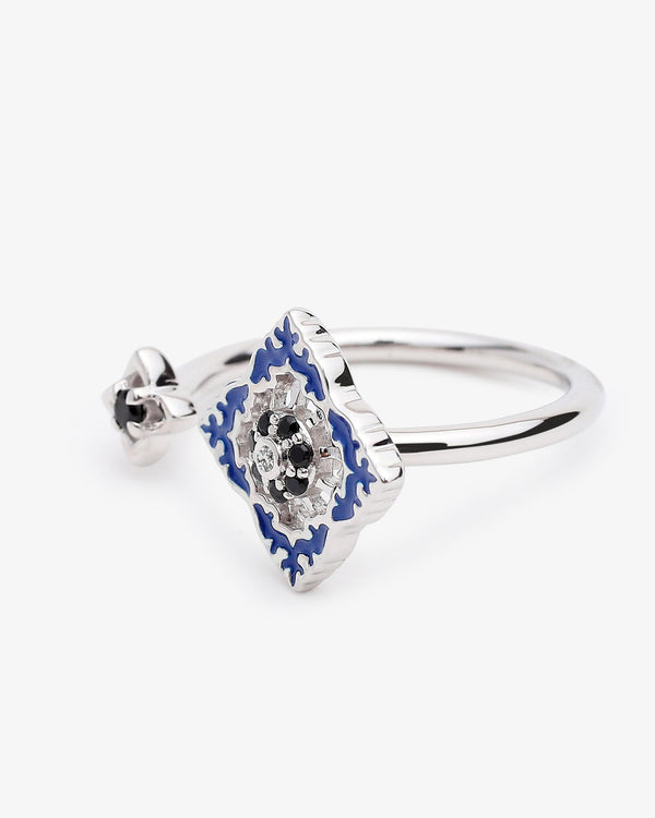 Bague Ajrakh Bleu en argent 925 rhodié, diamant naturel et spinelle noire naturelle – Kaari Paris