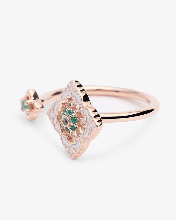 Bague Ajrakh Rosé en argent 925 doré or rose 18K, diamant noir naturel et émeraude naturelle – Kaari Paris