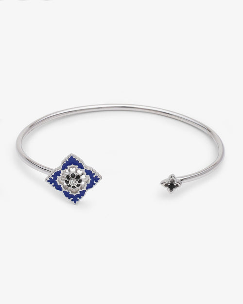 Barcelet Jonc Ajrakh Bleu en argent 925 rhodié, diamant naturel et spinelle noire naturelle – Kaari Paris
