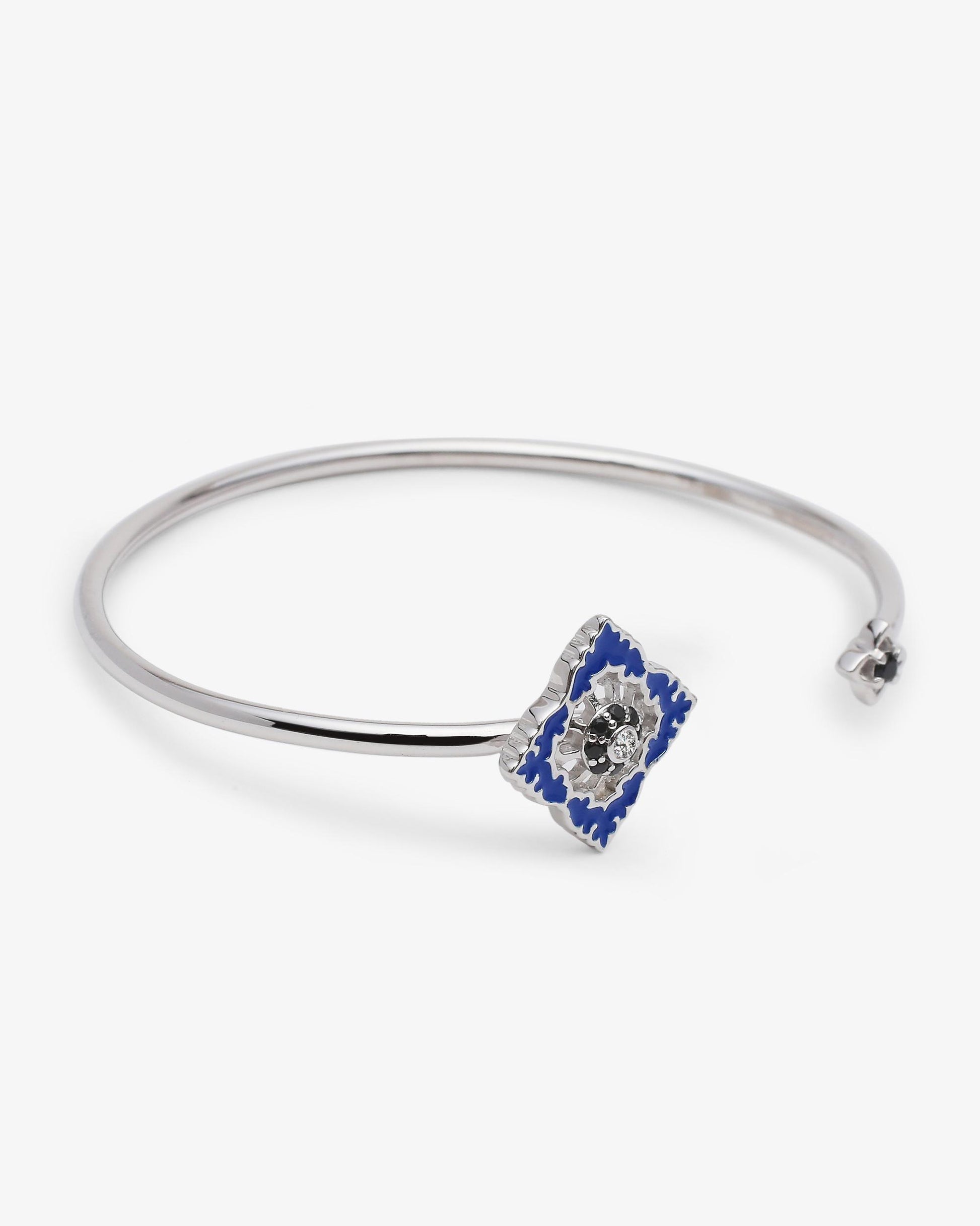 Barcelet Jonc Ajrakh Bleu en argent 925 rhodié, diamant naturel et spinelle noire naturelle – Kaari Paris