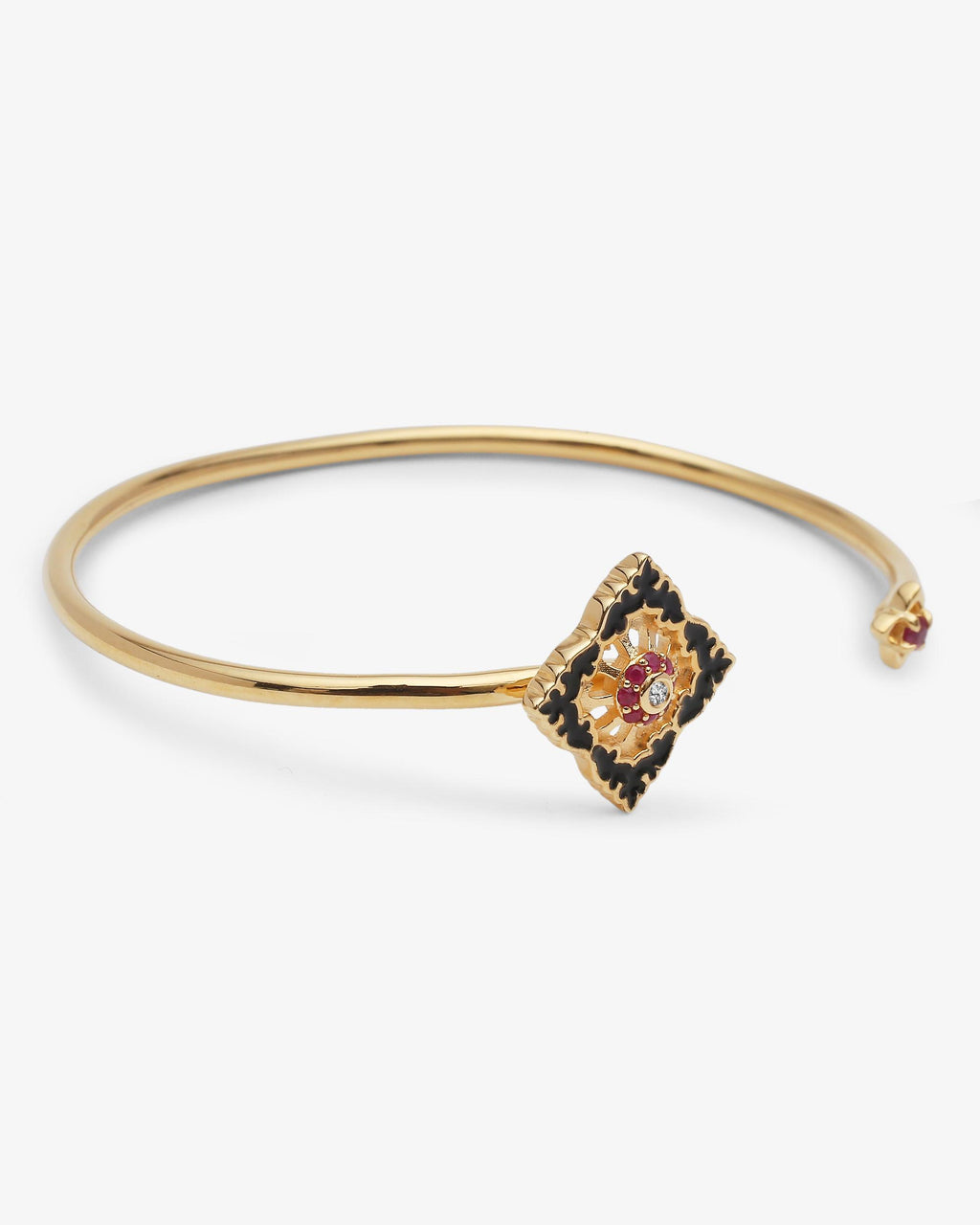 Bracelet Jonc Ajrakh Noir en argent 925 doré or jaune 18K, diamant naturel et rubis naturel – Kaari Paris
