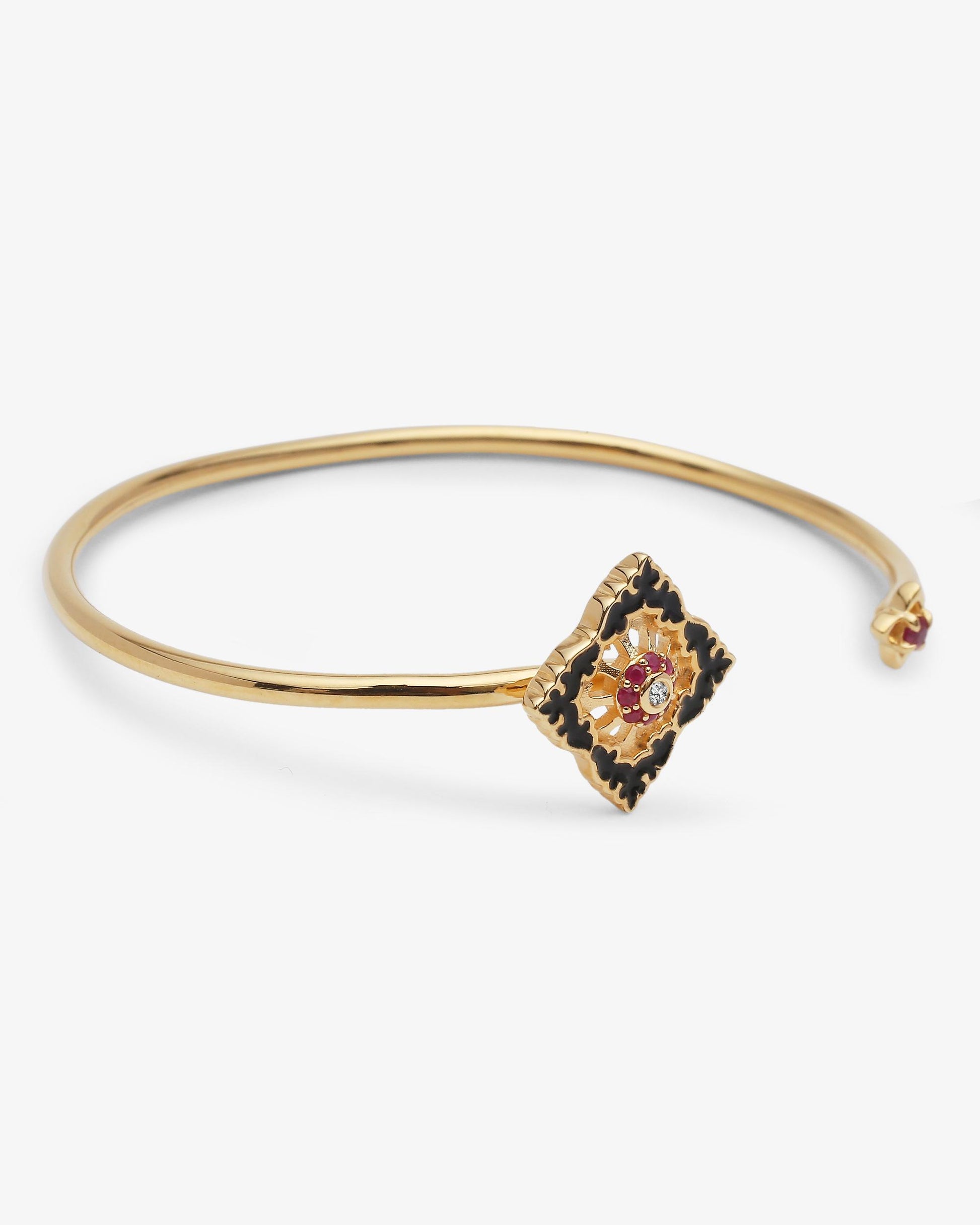 Bracelet Jonc Ajrakh Noir en argent 925 doré or jaune 18K, diamant naturel et rubis naturel – Kaari Paris