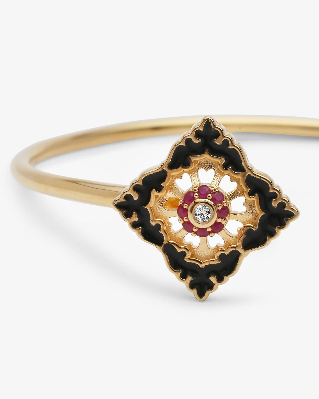Bracelet Jonc Ajrakh Noir en argent 925 doré or jaune 18K, diamant naturel et rubis naturel – Kaari Paris