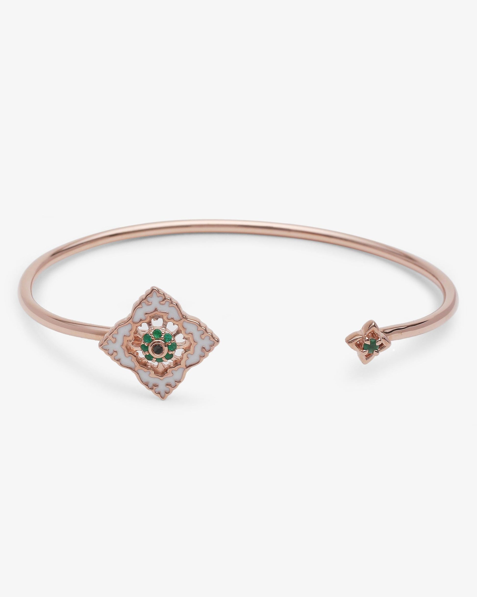 Bracelet Jonc Ajrakh Rosé en argent 925 doré or rose 18K, diamant noir naturel et émeraude naturelle – Kaari Paris