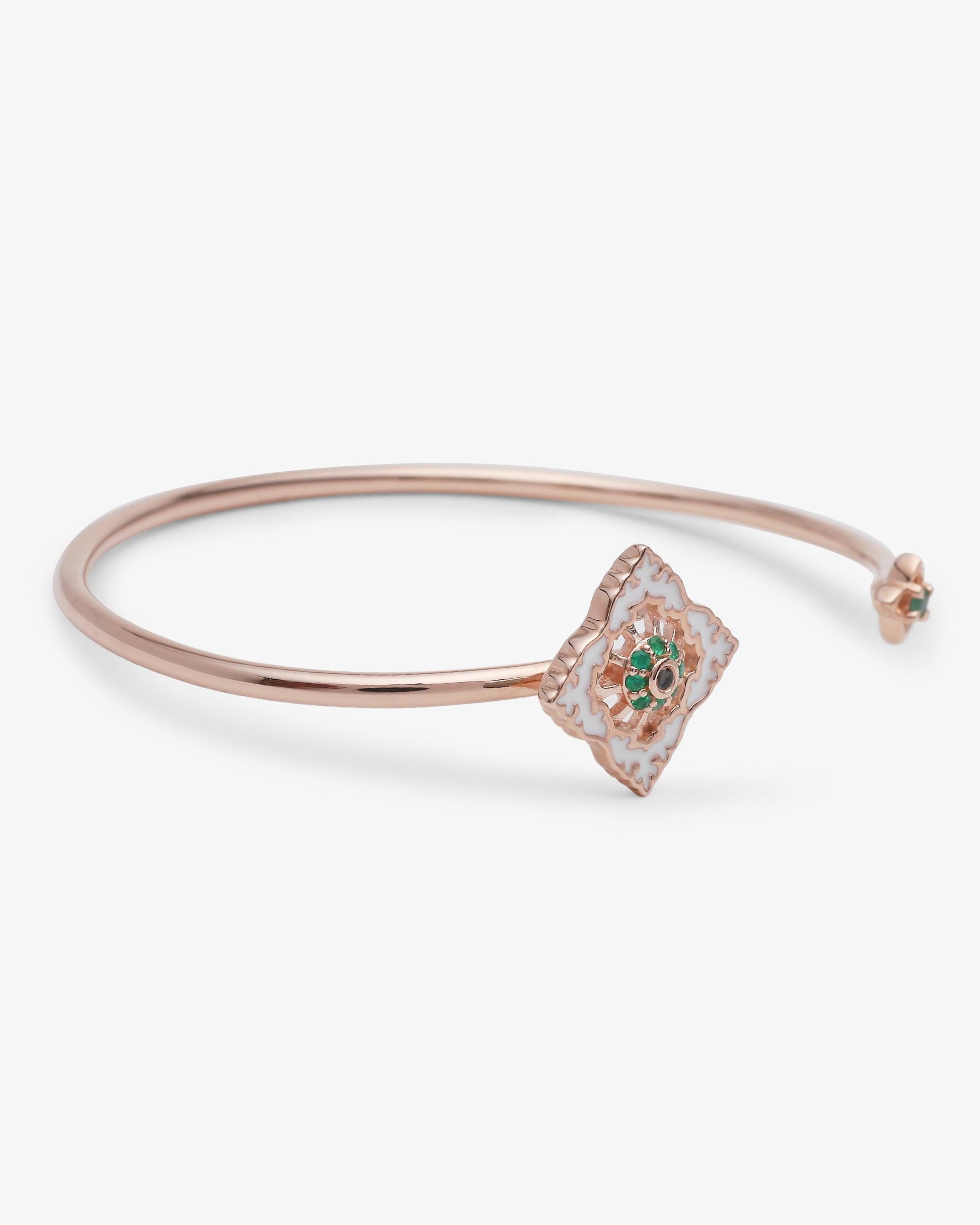 Bracelet Jonc Ajrakh Rosé en argent 925 doré or rose 18K, diamant noir naturel et émeraude naturelle – Kaari Paris