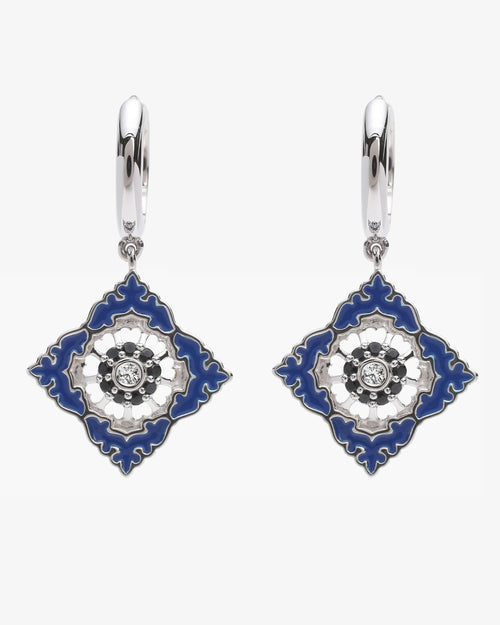 Boucles d'oreilles Ajrakh Bleu en argent 925 rhodié, diamant naturel et spinelle noire naturelle – Kaari Paris
