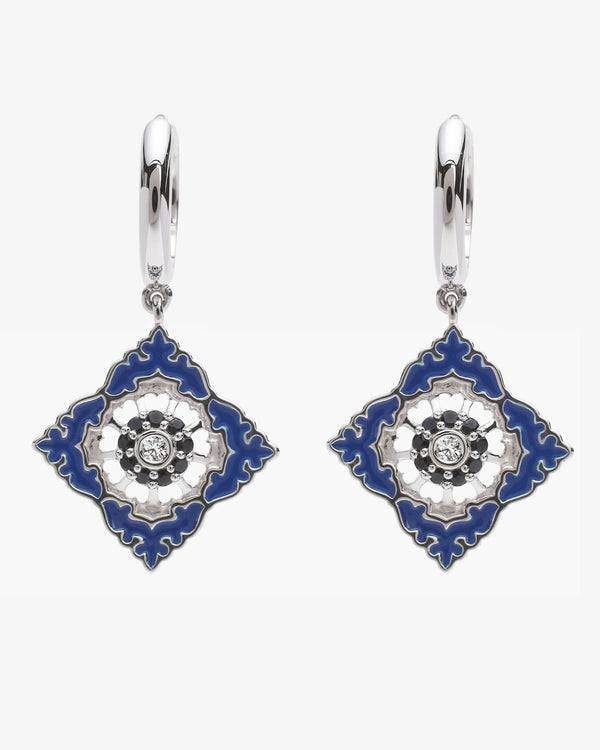 Boucles d'oreilles Ajrakh Bleu en argent 925 rhodié, diamant naturel et spinelle noire naturelle – Kaari Paris
