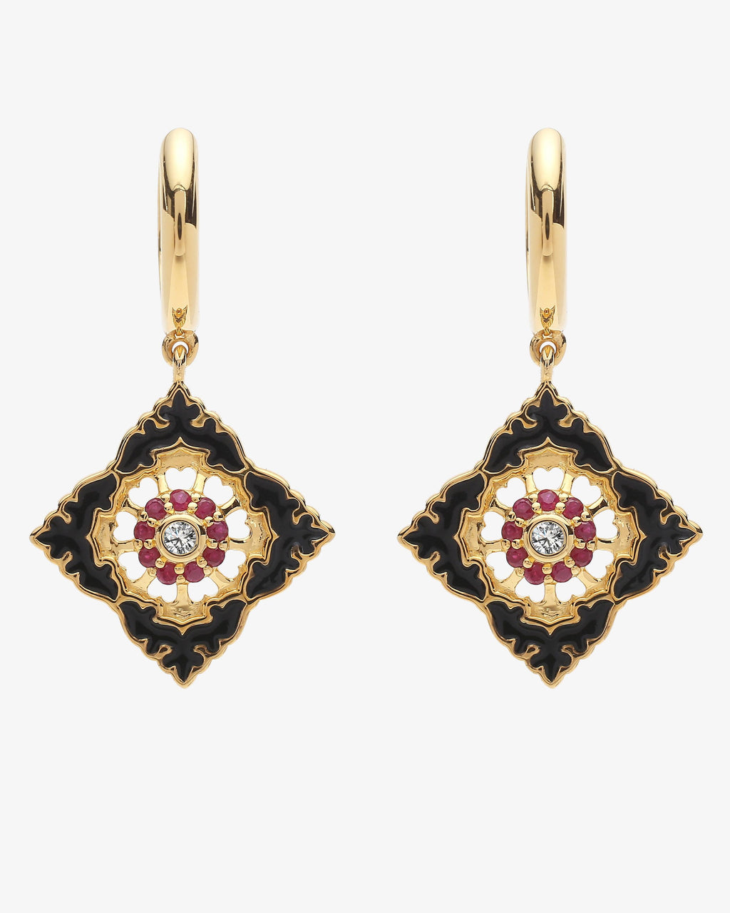 Boucles d'oreilles Ajrakh Noir en argent 925 doré or jaune 18K, diamant naturel et rubis naturel – Kaari Paris