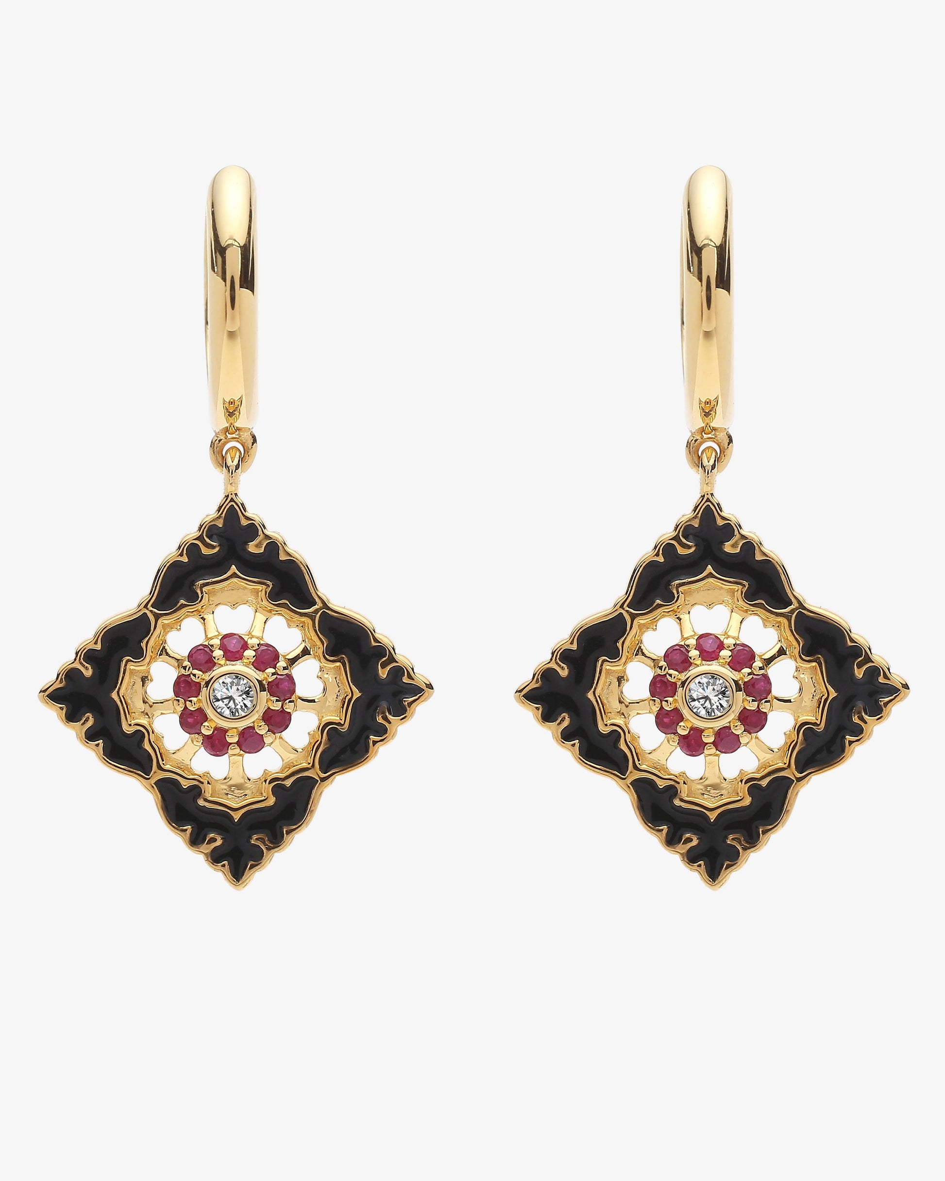 Boucles d'oreilles Ajrakh Noir en argent 925 doré or jaune 18K, diamant naturel et rubis naturel – Kaari Paris