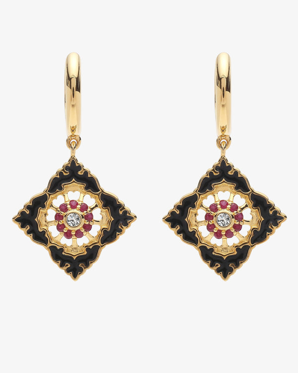 Boucles d'oreilles Ajrakh Noir en argent 925 doré or jaune 18K, diamant naturel et rubis naturel – Kaari Paris