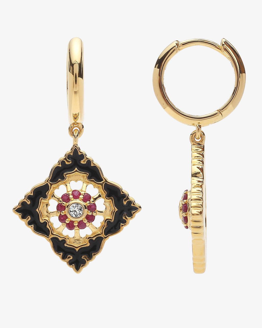 Boucles d'oreilles Ajrakh Noir en argent 925 doré or jaune 18K, diamant naturel et rubis naturel – Kaari Paris