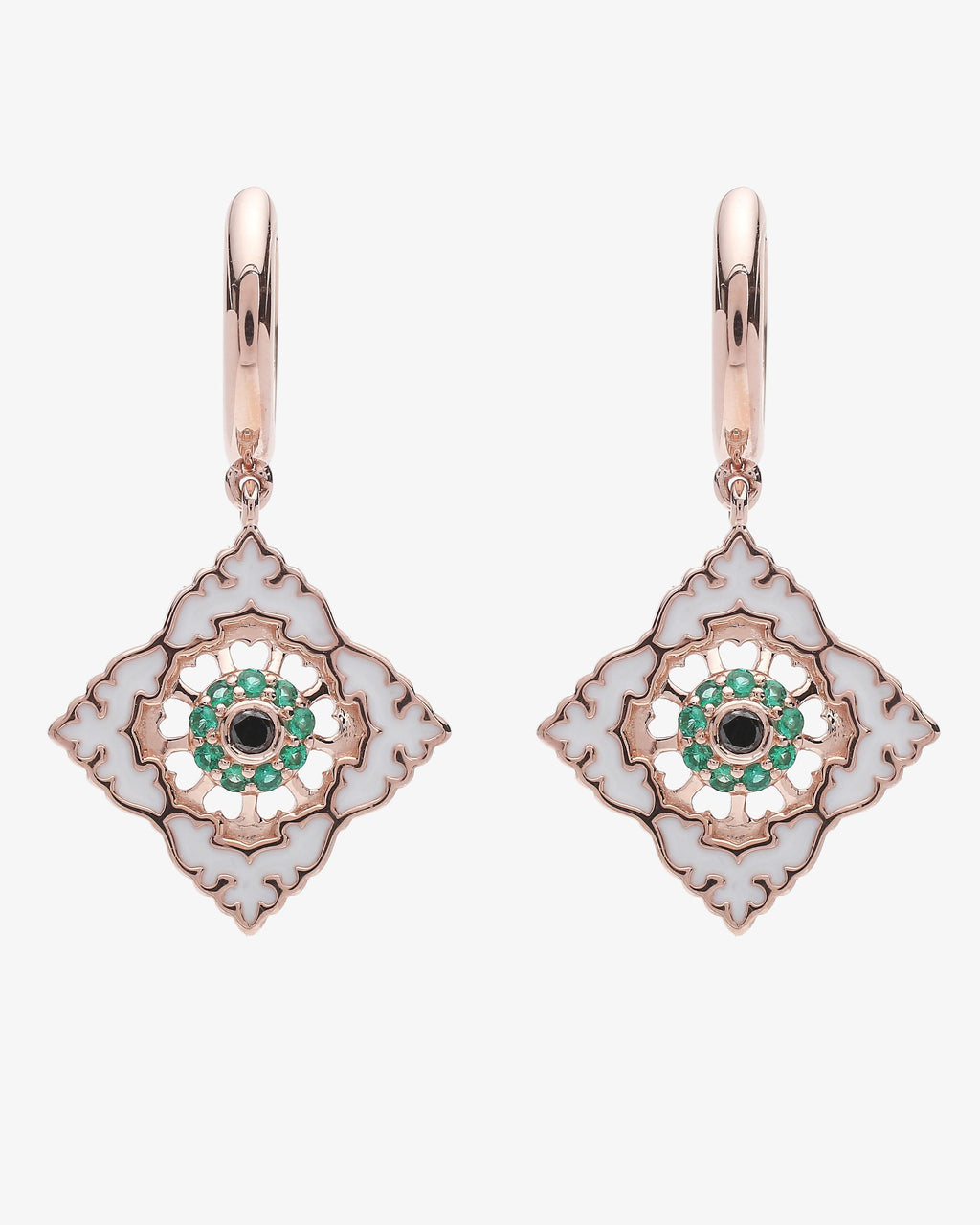 Boucles d'oreilles Ajrakh Rosé en argent 925 doré or rose 18K, diamant noir naturel et émeraude naturelle – Kaari Paris