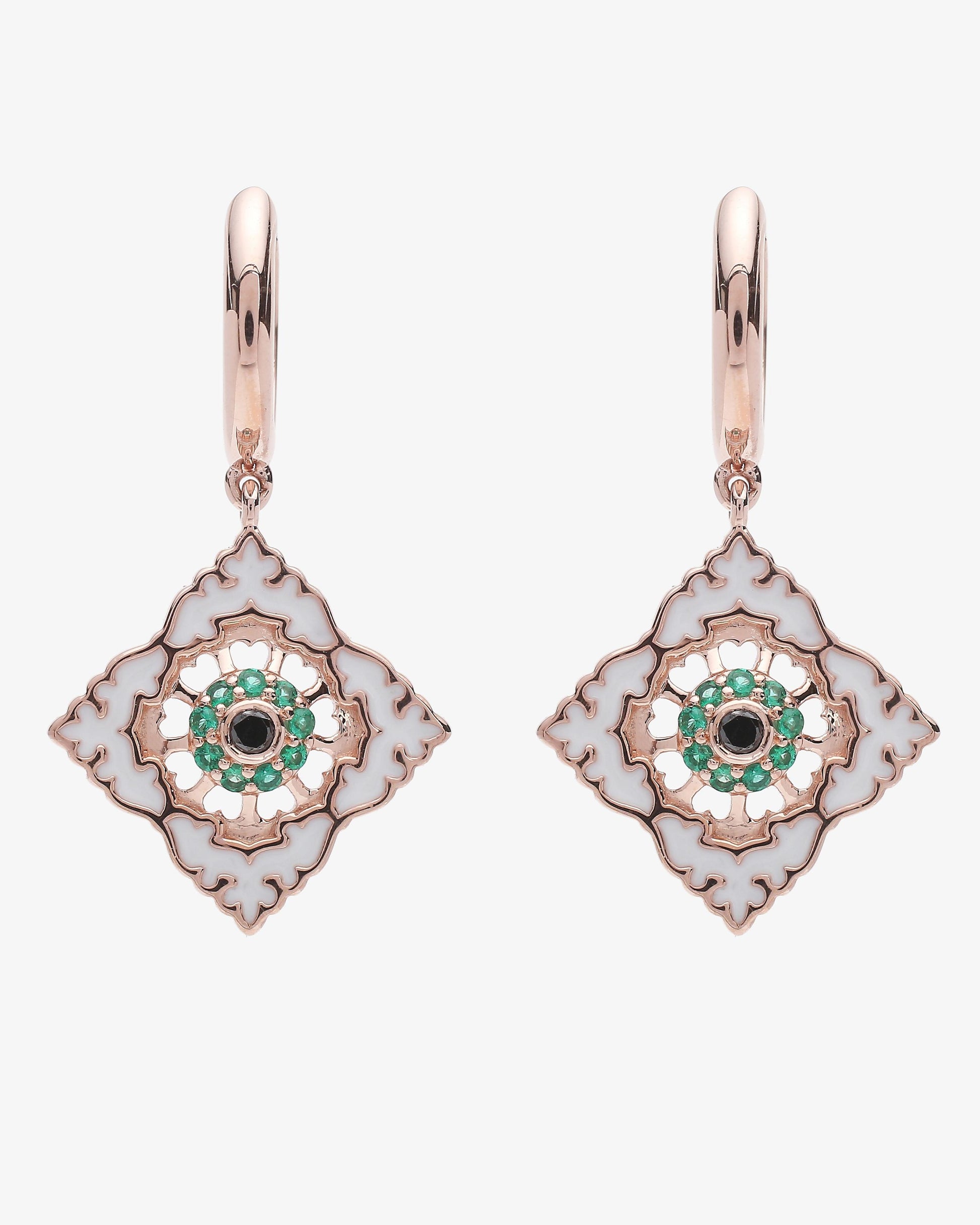 Boucles d'oreilles Ajrakh Rosé en argent 925 doré or rose 18K, diamant noir naturel et émeraude naturelle – Kaari Paris