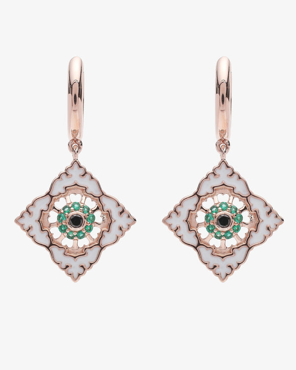 Boucles d'oreilles Ajrakh Rosé en argent 925 doré or rose 18K, diamant noir naturel et émeraude naturelle – Kaari Paris
