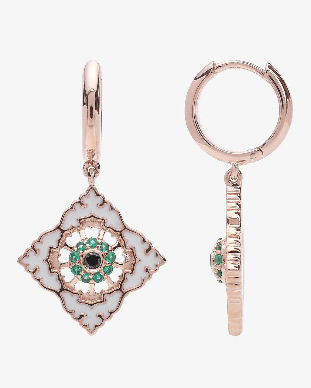 Boucles d'oreilles Ajrakh Rosé en argent 925 doré or rose 18K, diamant noir naturel et émeraude naturelle – Kaari Paris