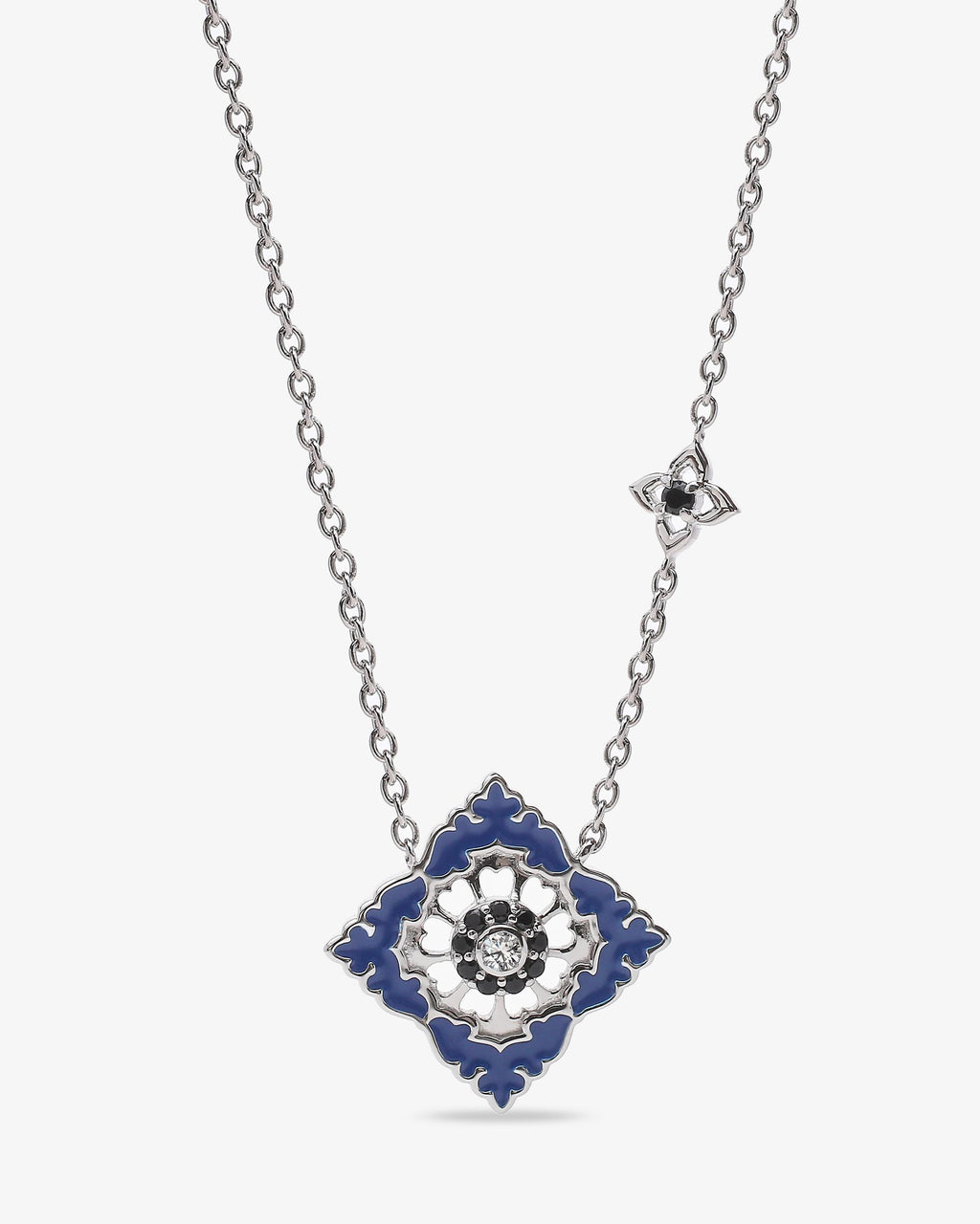 Pendentif Ajrakh Bleu en argent 925 rhodié, diamant naturel et spinelle noire naturelle – Kaari Paris