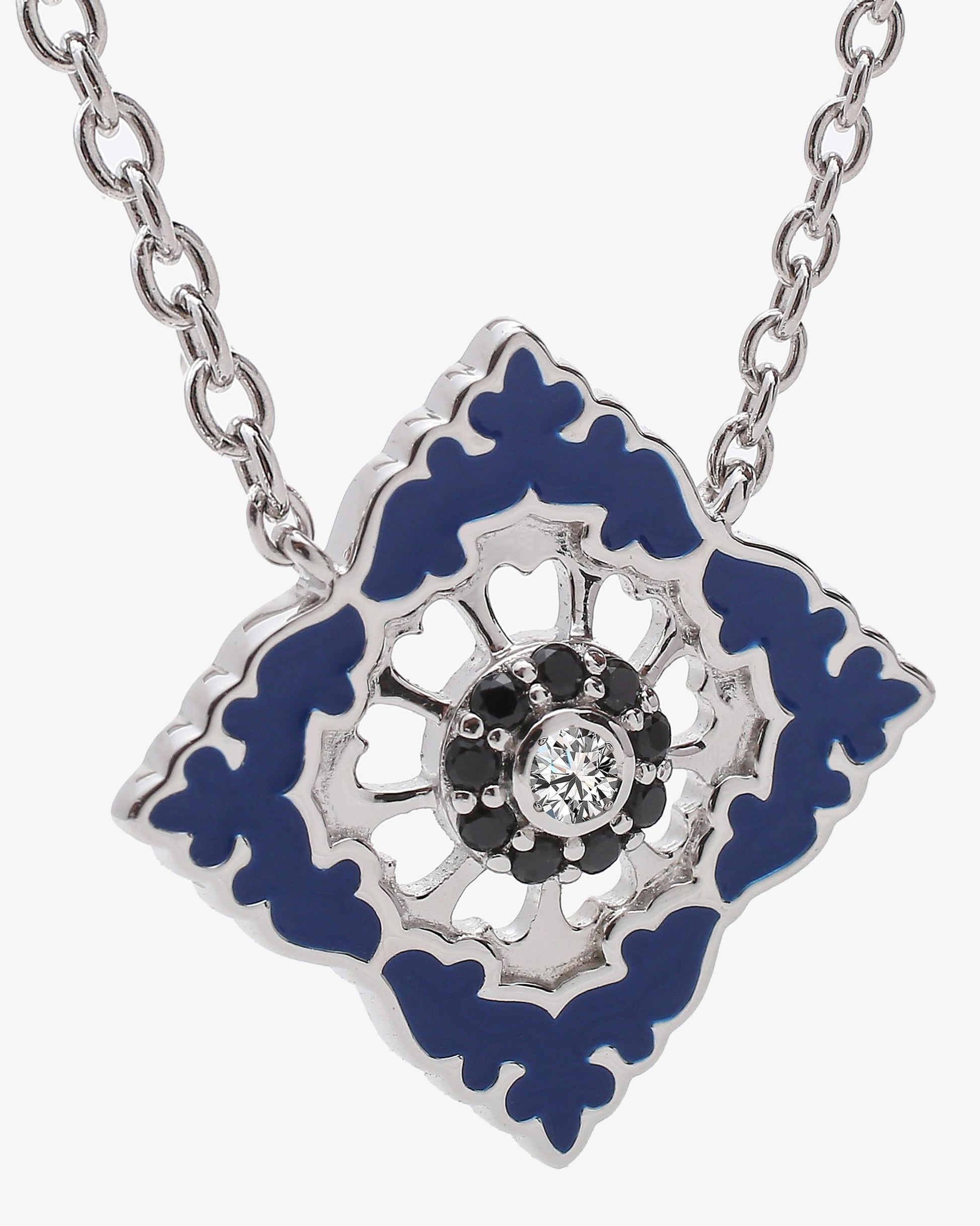 Pendentif Ajrakh Bleu en argent 925 rhodié, diamant naturel et spinelle noire naturelle – Kaari Paris