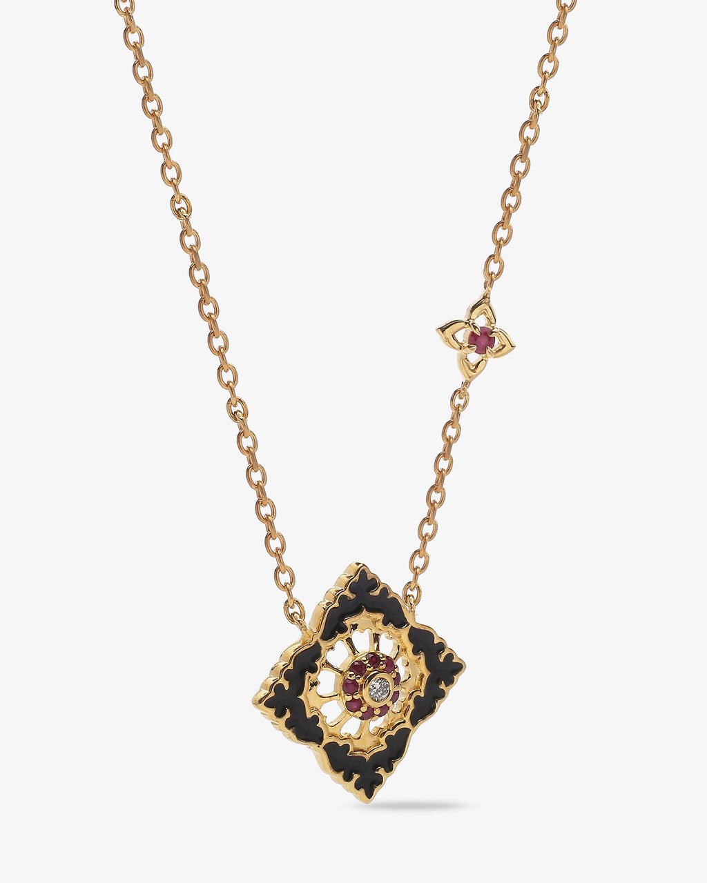 Pendentif Ajrakh Noir en argent 925 doré or jaune 18K, diamant naturel et rubis naturel – Kaari Paris