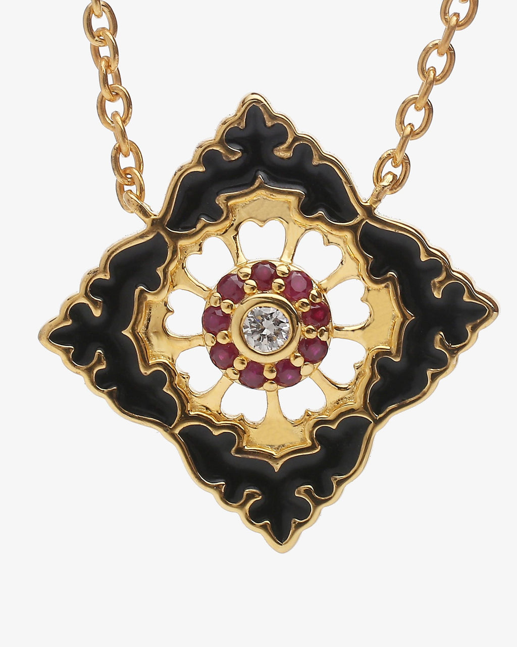 Pendentif Ajrakh Noir en argent 925 doré or jaune 18K, diamant naturel et rubis naturel – Kaari Paris