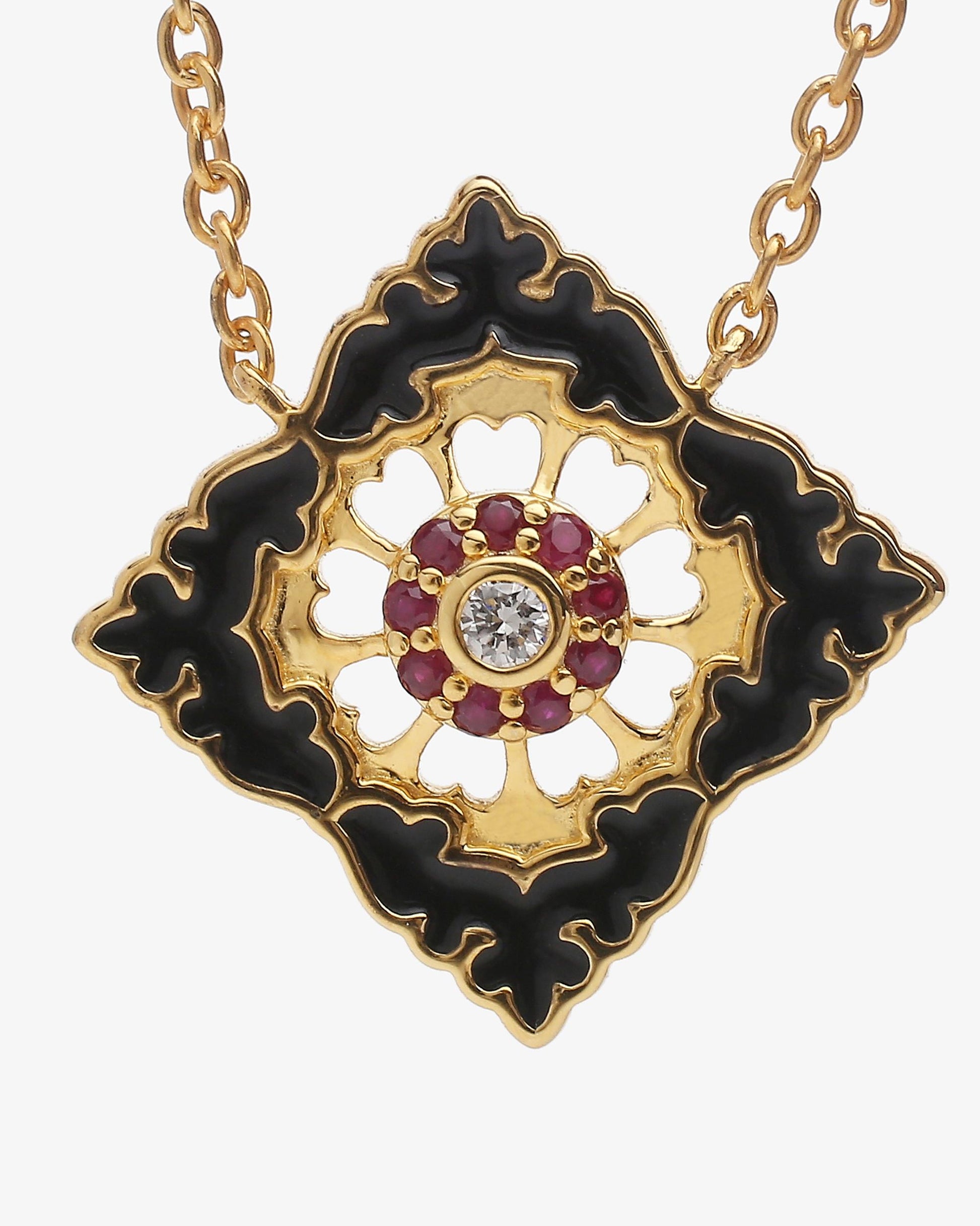 Pendentif Ajrakh Noir en argent 925 doré or jaune 18K, diamant naturel et rubis naturel – Kaari Paris