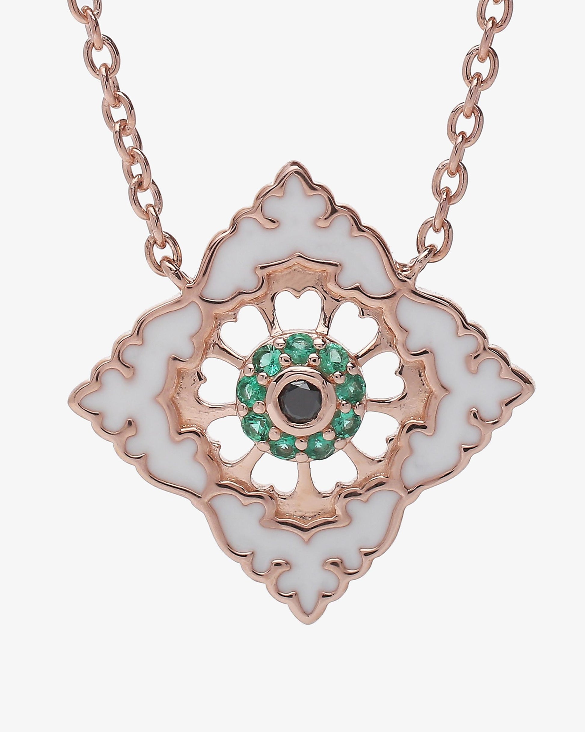 Pendentif Ajrakh Rosé en argent 925 doré or rose 18K, diamant noir naturel et émeraude naturelle – Kaari Paris