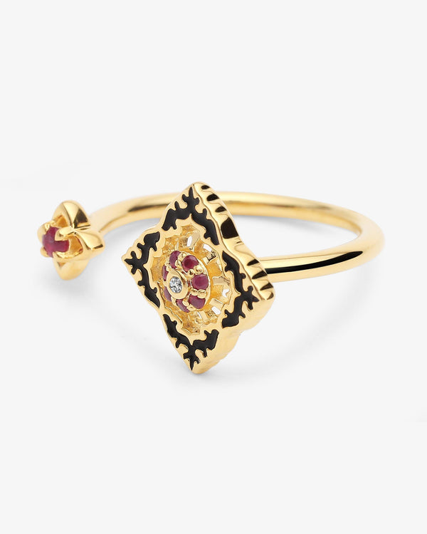 Bague Ajrakh Noir en argent 925 doré or jaune 18K, diamant naturel et rubis naturel – Kaari Paris
