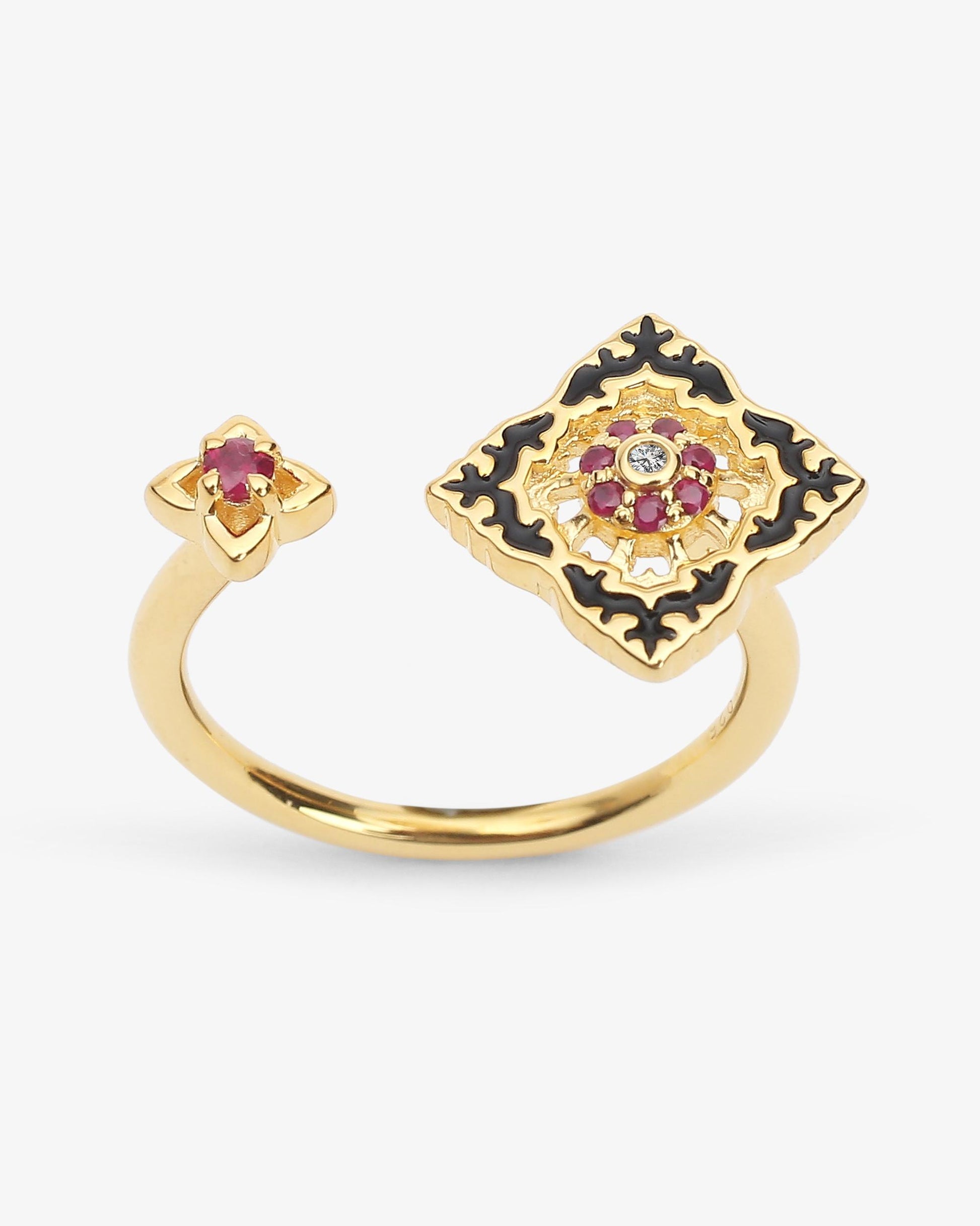 Bague Ajrakh Noir en argent 925 doré or jaune 18K, diamant naturel et rubis naturel – Kaari Paris