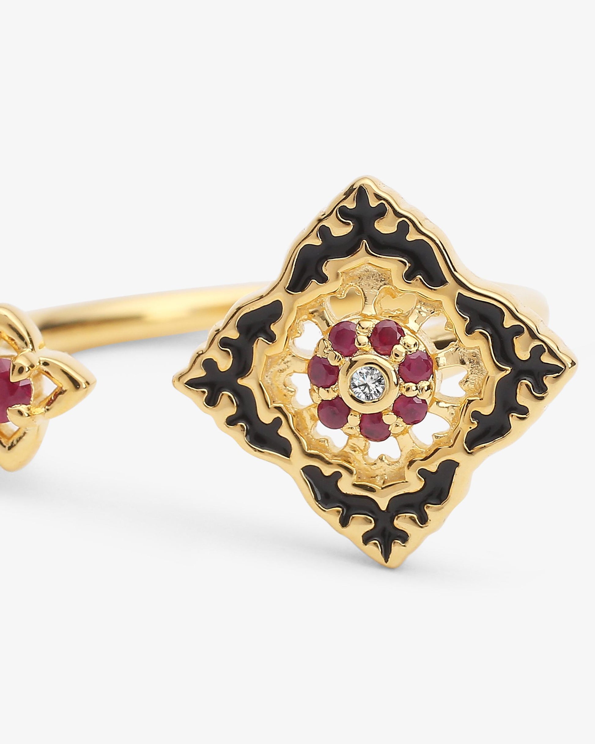 Bague Ajrakh Noir en argent 925 doré or jaune 18K, diamant naturel et rubis naturel – Kaari Paris