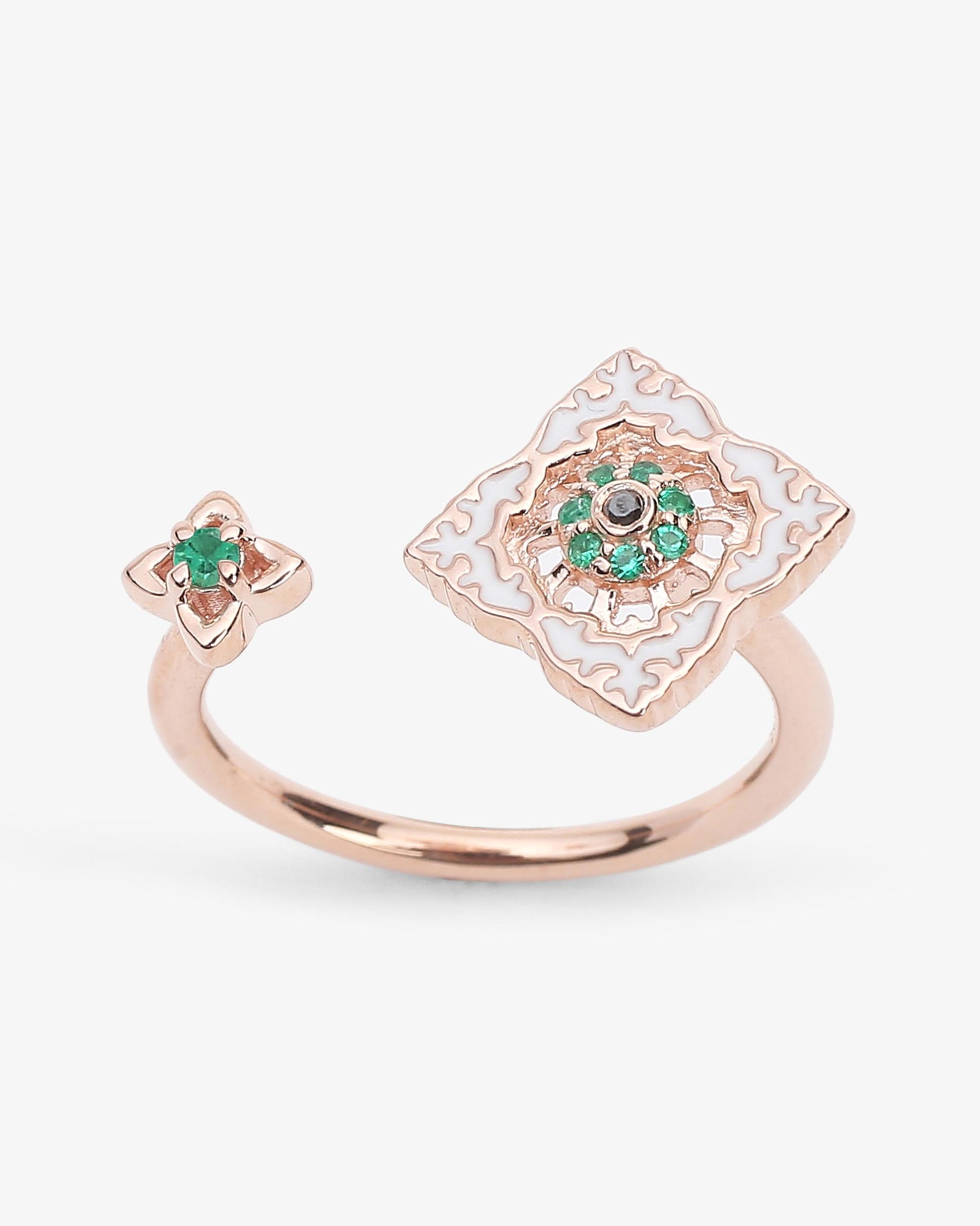 Bague Ajrakh Rosé en argent 925 doré or rose 18K, diamant noir naturel et émeraude naturelle – Kaari Paris